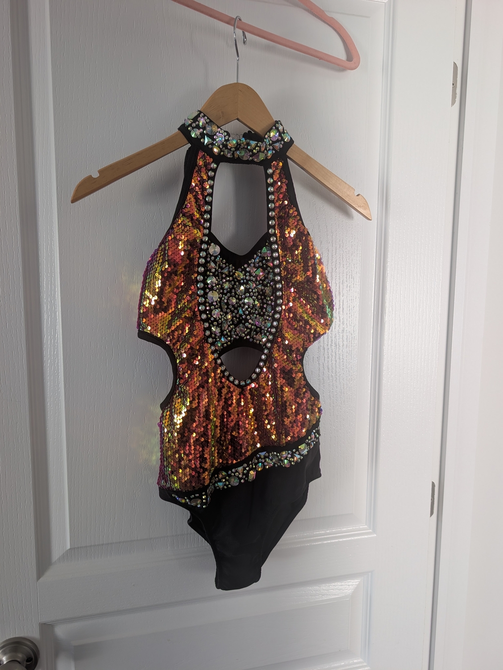 Glamour Iridescent Sequin Halter Bodysuit with Jewel Accents - Orange